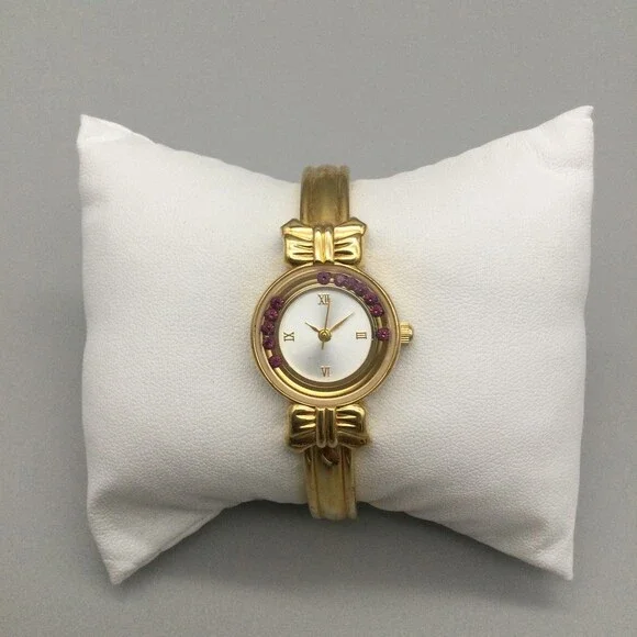 Vtg Avon Gold Tone Watch Women 22mm Bow Accents Pink Stones New Battery 6.25" - Picture 2 of 12
